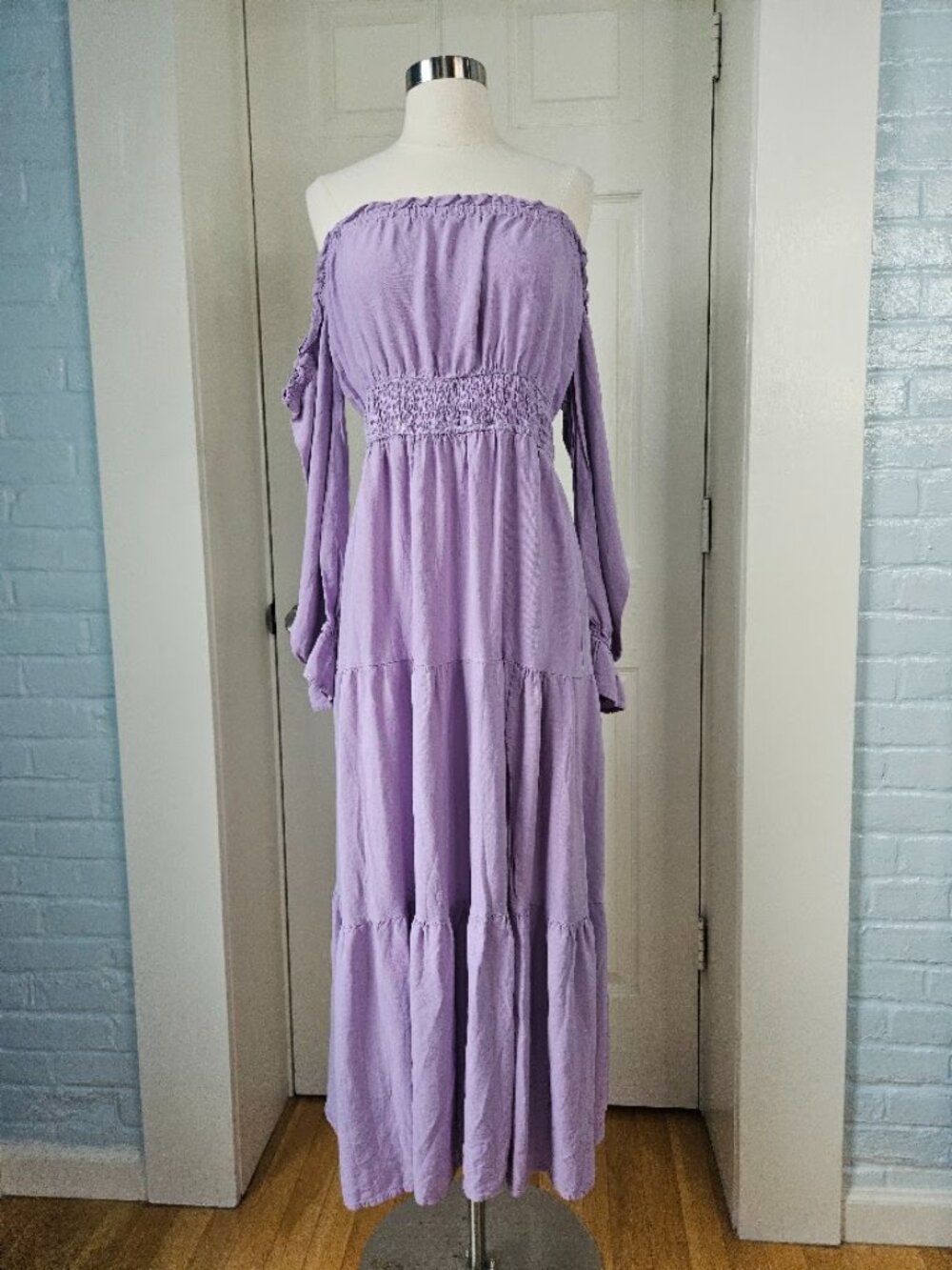 Zesica purple cottagecore euro garden off shoulder maxi dress fairycore large pa